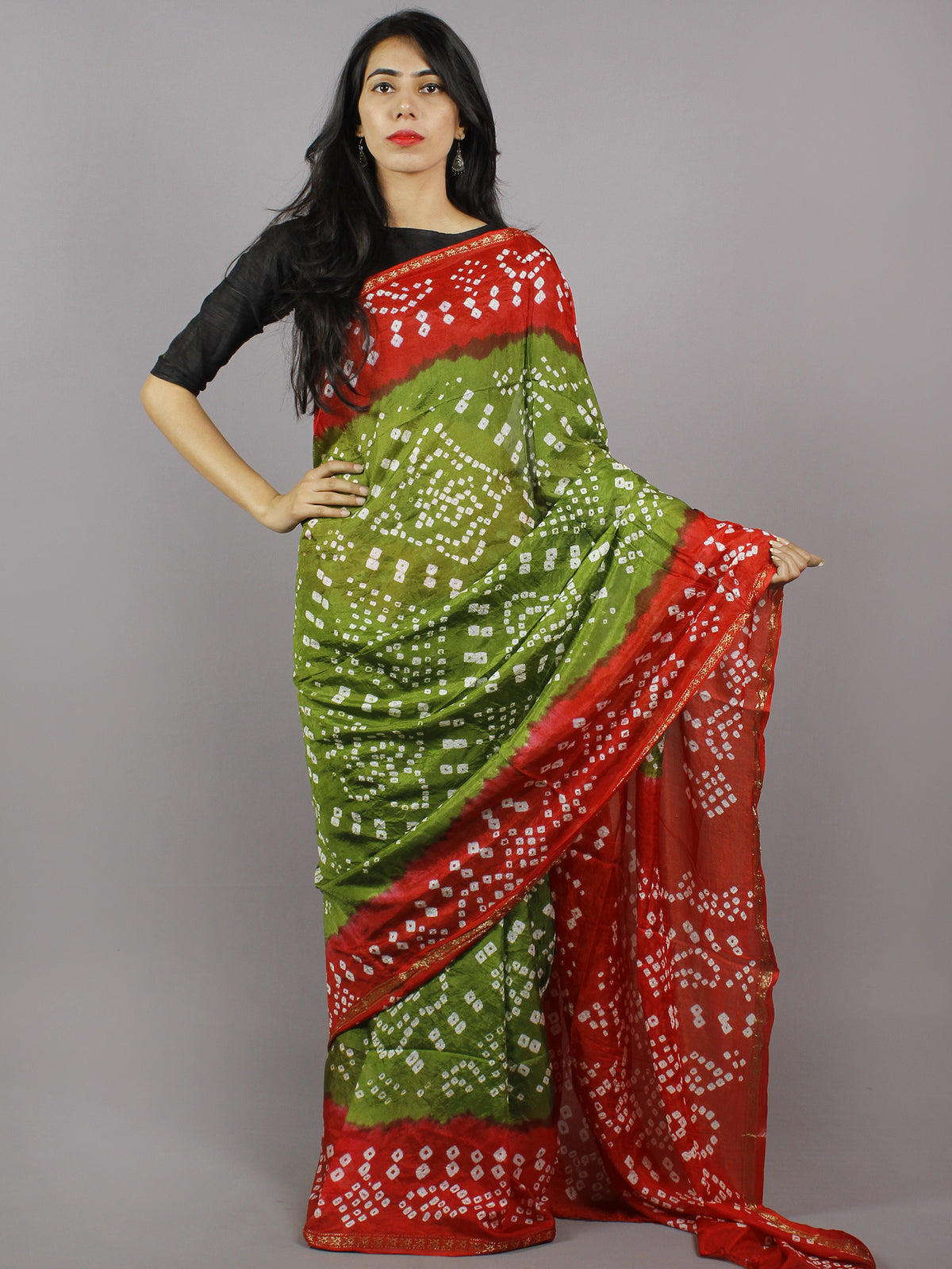 Olive Green Red Ivory Hand Tie & Dye Bandhej Art Silk Saree - S031701294