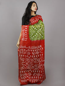 Olive Green Red Ivory Hand Tie & Dye Bandhej Art Silk Saree - S031701294