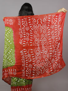 Olive Green Red Ivory Hand Tie & Dye Bandhej Art Silk Saree - S031701294