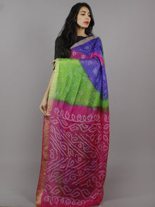 Blue Green Pink Ivory Hand Tie & Dye Bandhej Art Silk Saree - S031701295