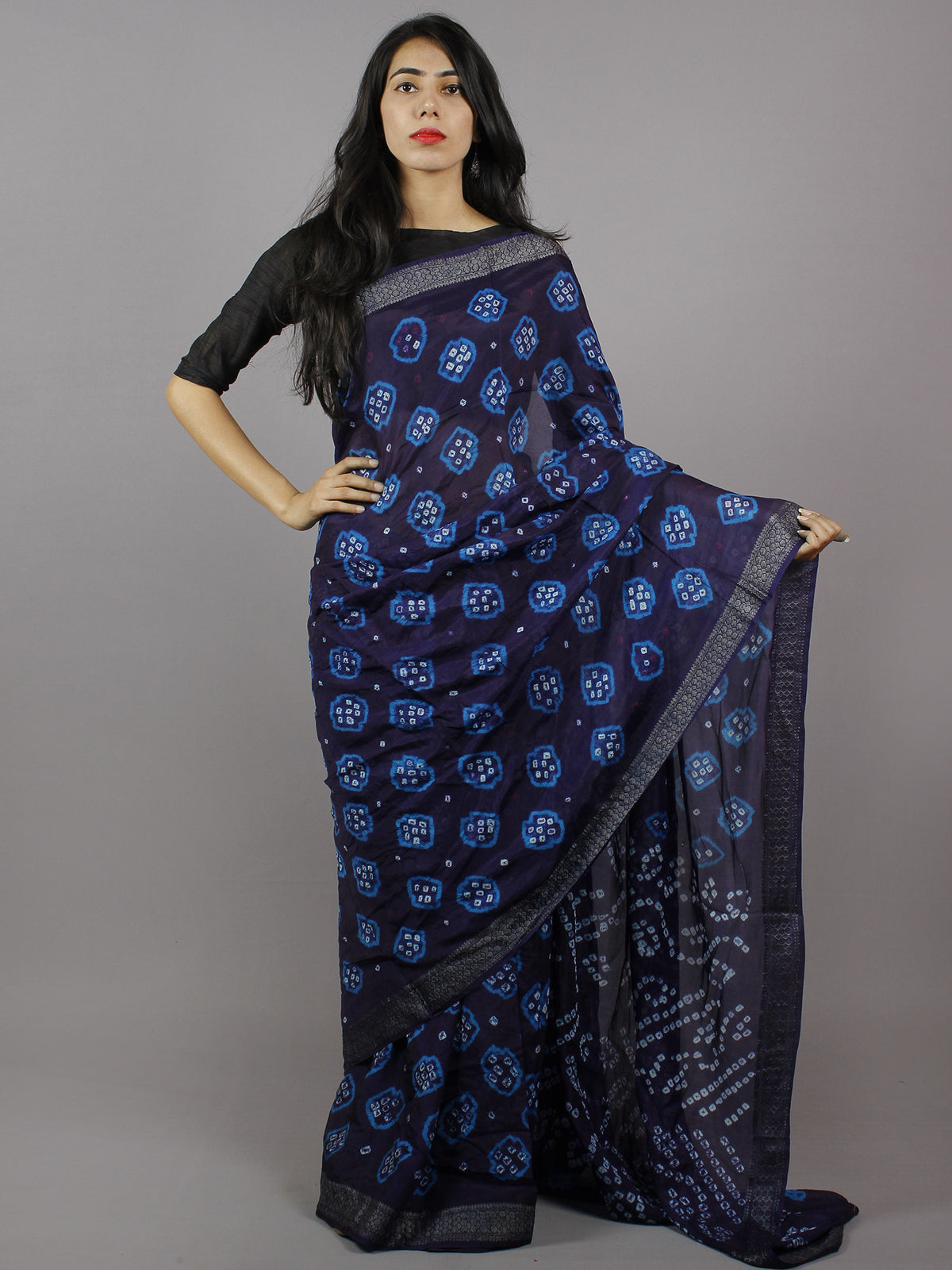 Dark Indigo Teal Blue Ivory Hand Tie & Dye Bandhej Art Silk Saree - S031701296