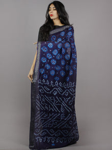 Dark Indigo Teal Blue Ivory Hand Tie & Dye Bandhej Art Silk Saree - S031701296