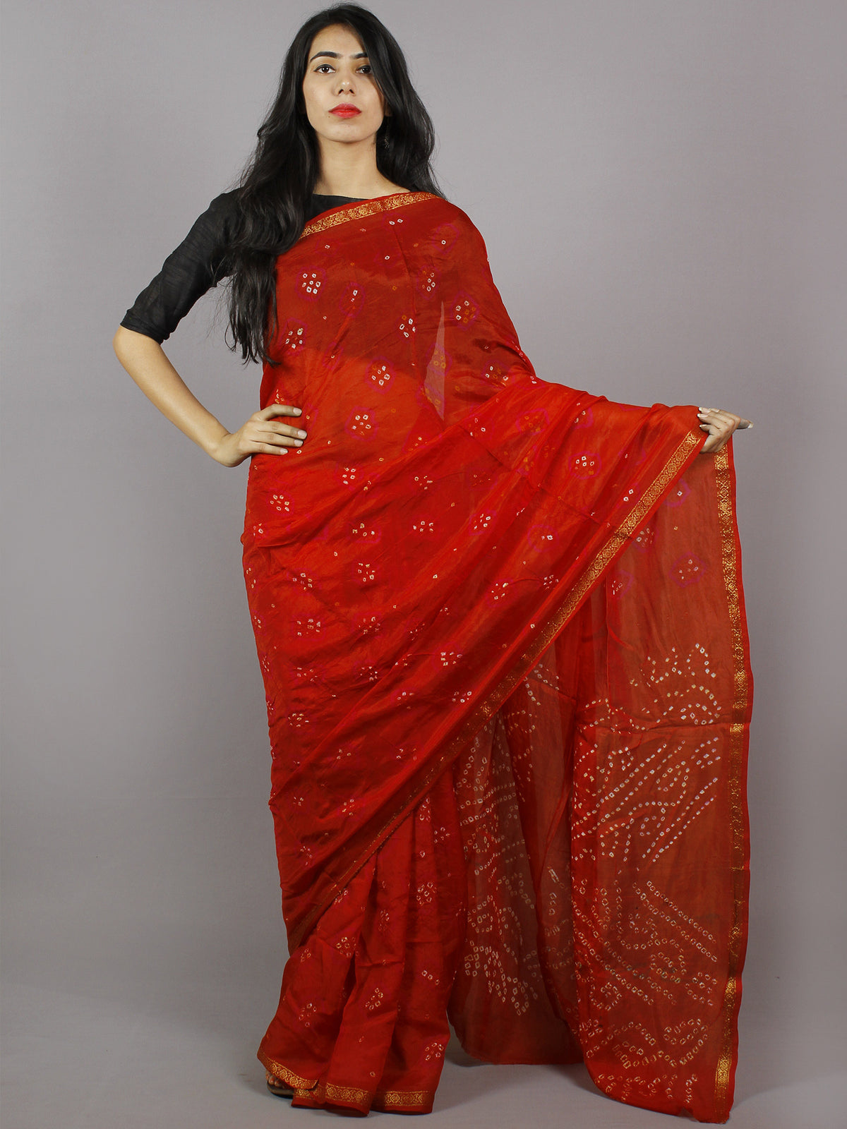 Red Pink Ivory Hand Tie & Dye Bandhej Art Silk Saree - S031701297