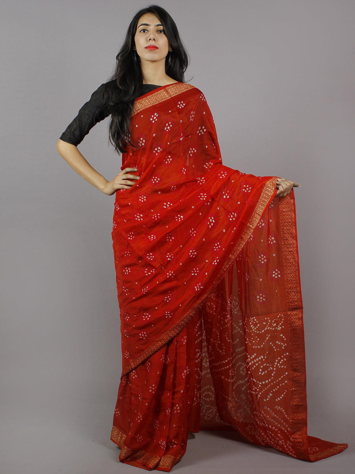 Red Pink Ivory Hand Tie & Dye Bandhej Art Silk Saree - S031701299