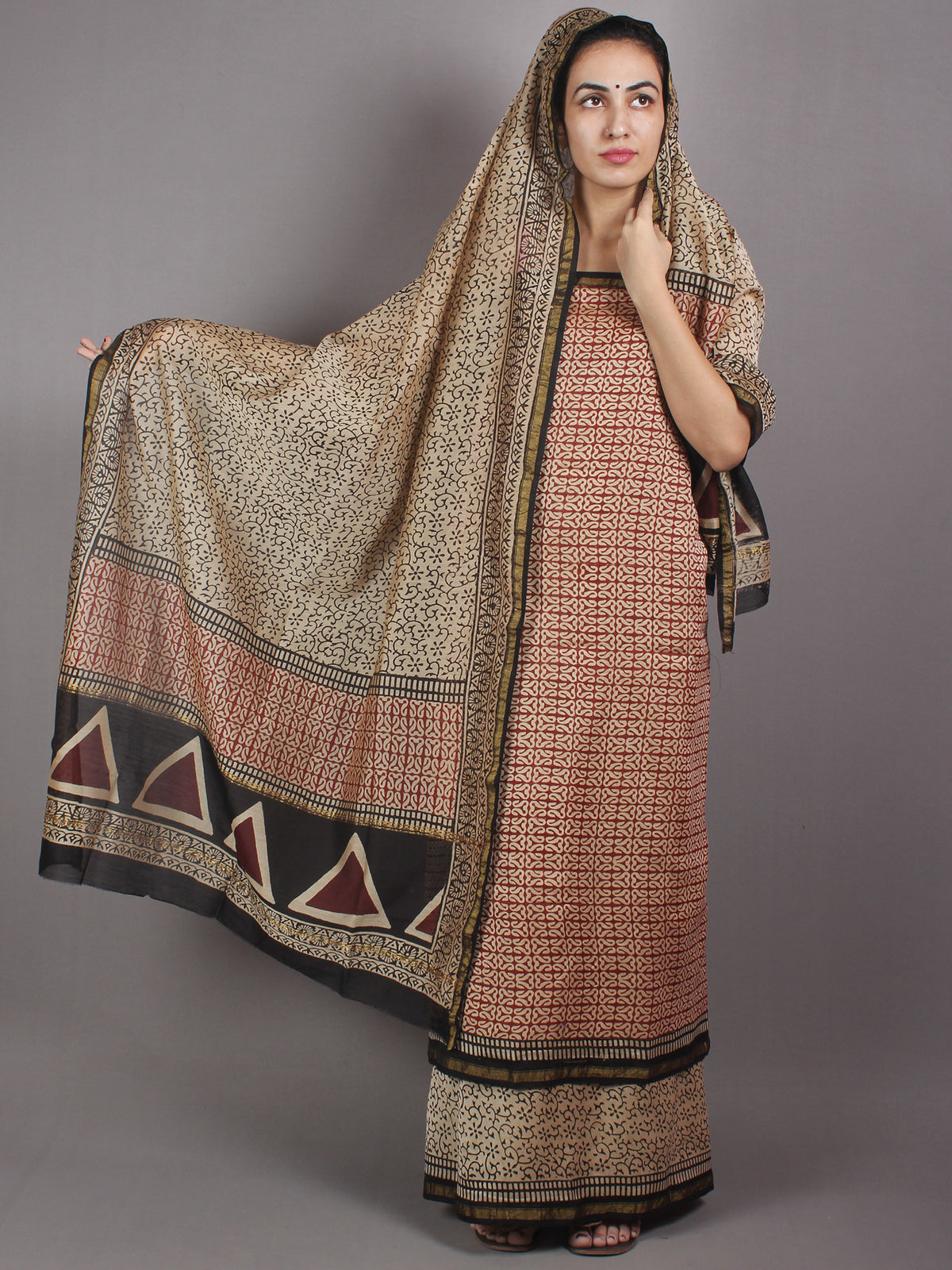 Red Beige Black Hand Block Printed Chanderi Kurta-Salwar Fabric With Chanderi Dupatta - S1628027