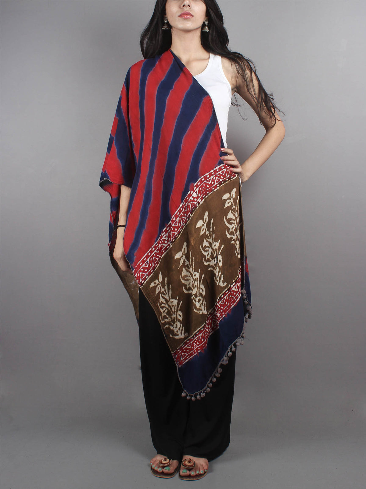 Multi Color Bagru Hand Printed Handloom Cotton Stole- S6317013