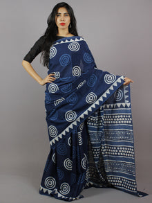 Indigo White Hand Block Printed in Natural Colors Cotton Mul Saree - S031701306