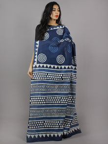 Indigo White Hand Block Printed in Natural Colors Cotton Mul Saree - S031701306