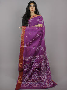 Purple White Hand Tie & Dye Bandhej Cotton Mul Saree - S031701307