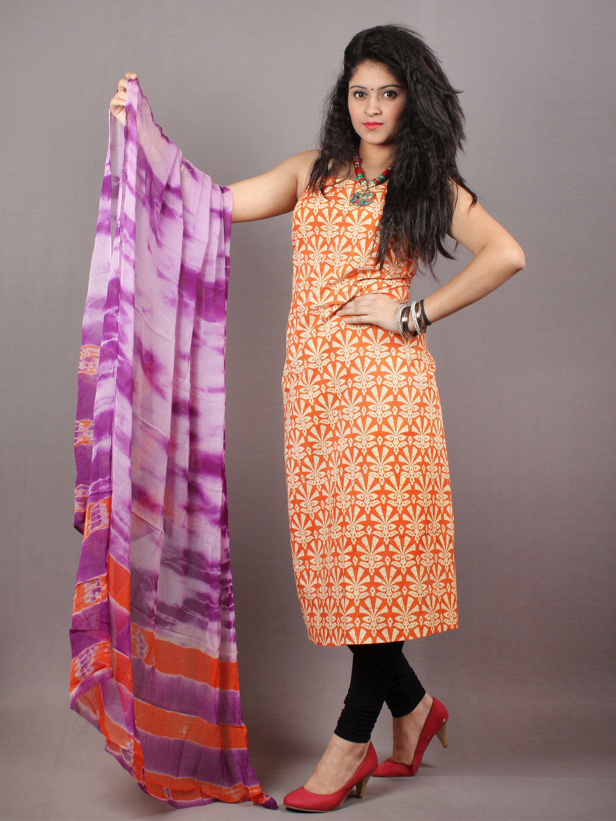 Orange Ivory Indigo Hand Block Printed Cotton Suit-Salwar Fabric With Chiffon Dupatta - S1628131