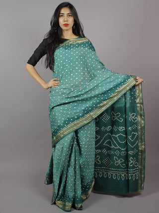 Fern Green Ivory Hand Tie & Dye Bandhej Glace Cotton Saree With Resham Border - S031701313