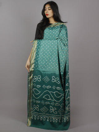 Fern Green Ivory Hand Tie & Dye Bandhej Glace Cotton Saree With Resham Border - S031701313