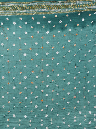 Fern Green Ivory Hand Tie & Dye Bandhej Glace Cotton Saree With Resham Border - S031701313