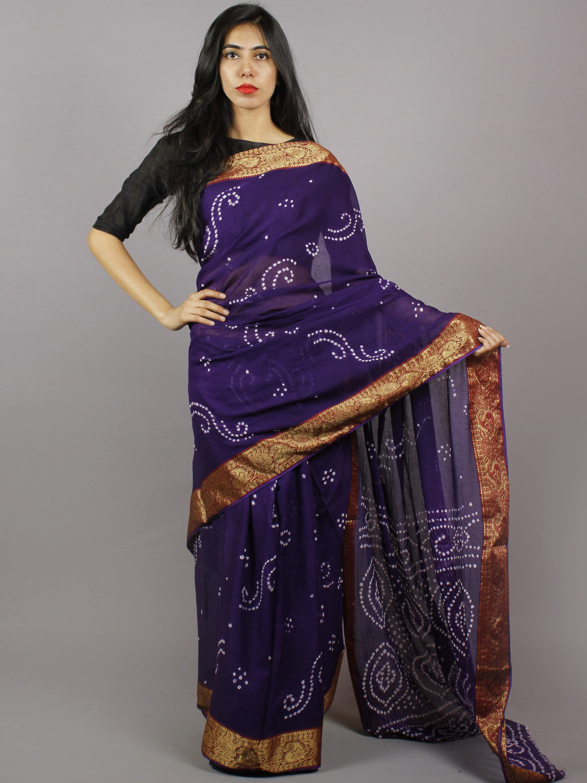 Deep Purple White Hand Tie & Dye Bandhej Cotton Mul Saree - S031701314