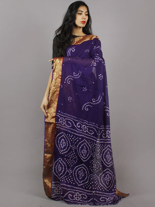 Deep Purple White Hand Tie & Dye Bandhej Cotton Mul Saree - S031701314