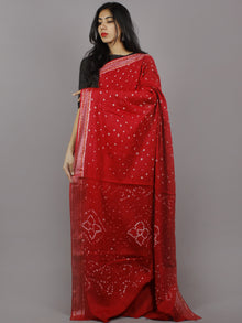 Dark Maroon Ivory Hand Tie & Dye Bandhej Glace Cotton Saree With Resham Border - S031701316