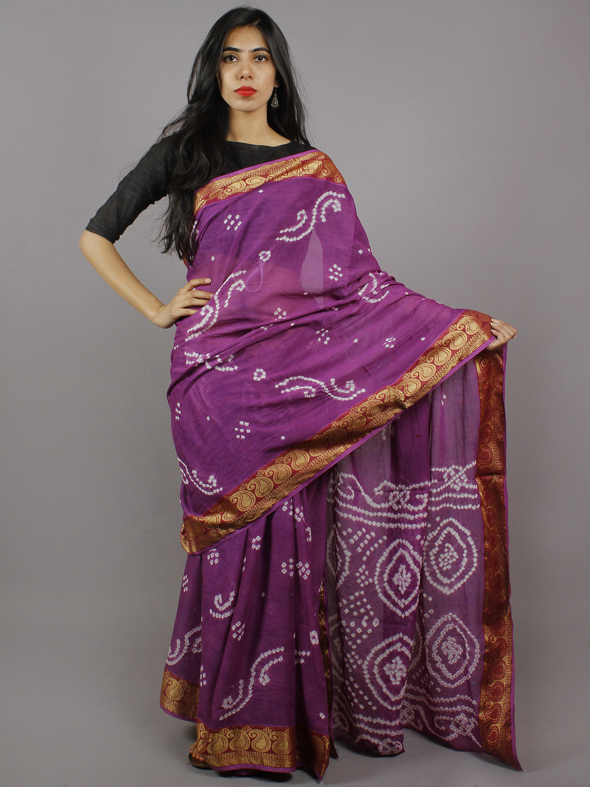 Purple White Hand Tie & Dye Bandhej Cotton Mul Saree - S031701317