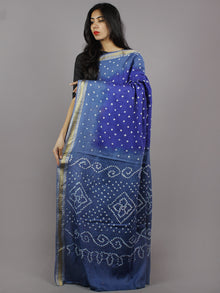 Blue Grey Ivory Hand Tie & Dye Bandhej Glace Cotton Saree With Resham Border - S031701318