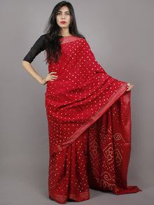 Maroon Ivory Hand Tie & Dye Bandhej Glace Cotton Saree With Resham Border - S031701322