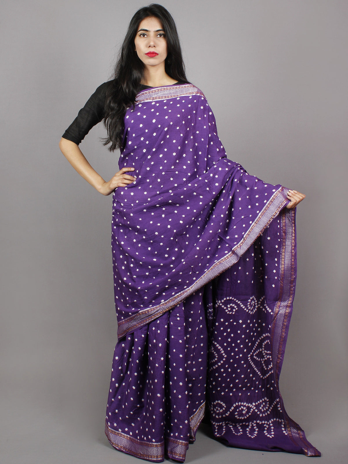 Purple White Hand Tie & Dye Bandhej Glace Cotton Saree With Resham Border - S031701324