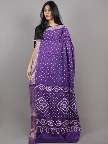 Purple White Hand Tie & Dye Bandhej Glace Cotton Saree With Resham Border - S031701324