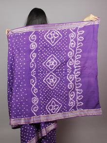 Purple White Hand Tie & Dye Bandhej Glace Cotton Saree With Resham Border - S031701324