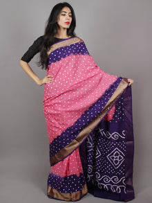 Pastel Pink Purple Ivory Hand Tie & Dye Bandhej Glace Cotton Saree With Resham Border - S031701326