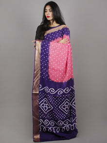 Pastel Pink Purple Ivory Hand Tie & Dye Bandhej Glace Cotton Saree With Resham Border - S031701326