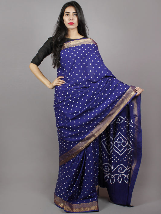 Admiral Blue White Hand Tie & Dye Bandhej Glace Cotton Saree With Resham Border - S031701327