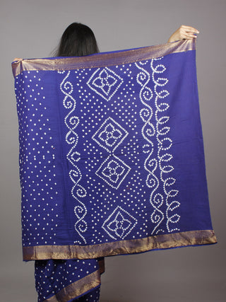 Admiral Blue White Hand Tie & Dye Bandhej Glace Cotton Saree With Resham Border - S031701327