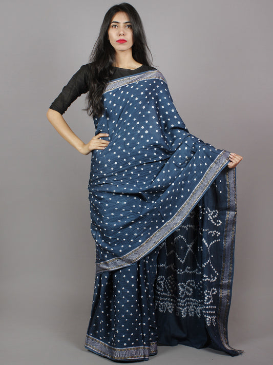 Aegean Blue Ivory Hand Tie & Dye Bandhej Glace Cotton Saree With Resham Border - S031701328