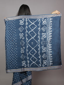 Aegean Blue Ivory Hand Tie & Dye Bandhej Glace Cotton Saree With Resham Border - S031701328