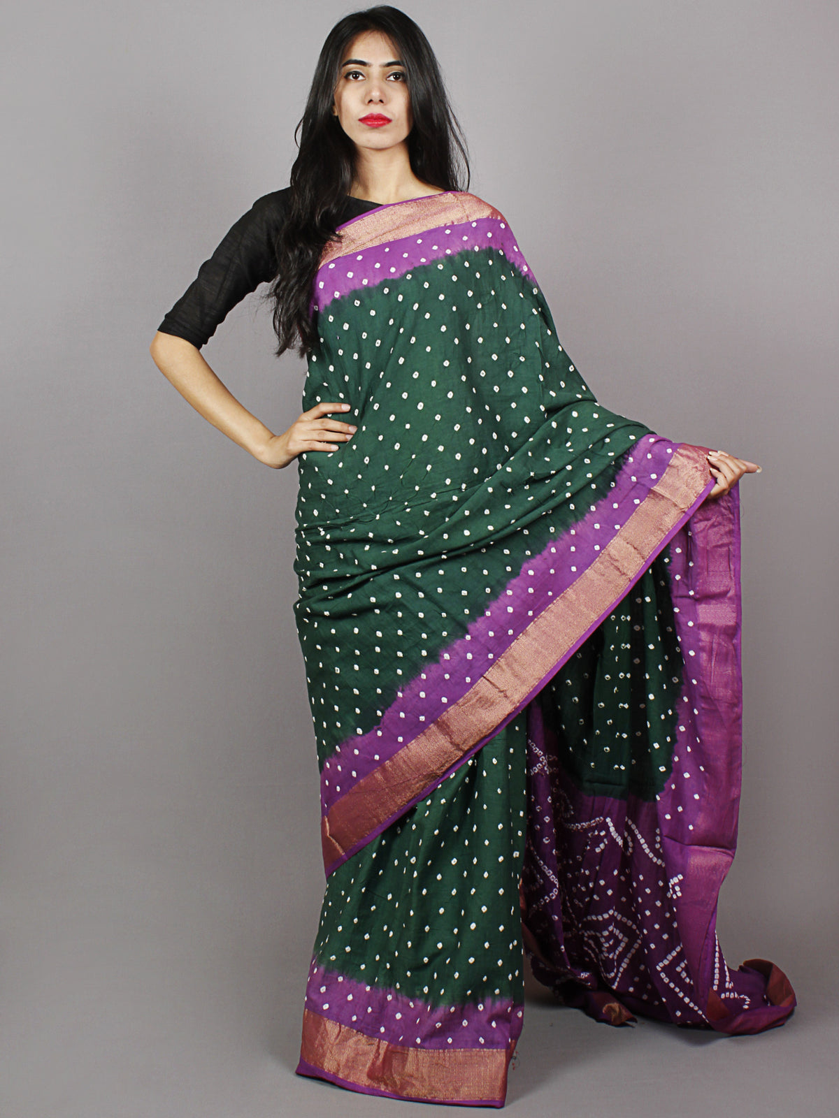 Dark Green Purple Ivory Hand Tie & Dye Bandhej Glace Cotton Saree With Resham Border - S031701329