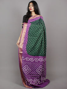 Dark Green Purple Ivory Hand Tie & Dye Bandhej Glace Cotton Saree With Resham Border - S031701329
