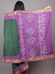 Dark Green Purple Ivory Hand Tie & Dye Bandhej Glace Cotton Saree With Resham Border - S031701329