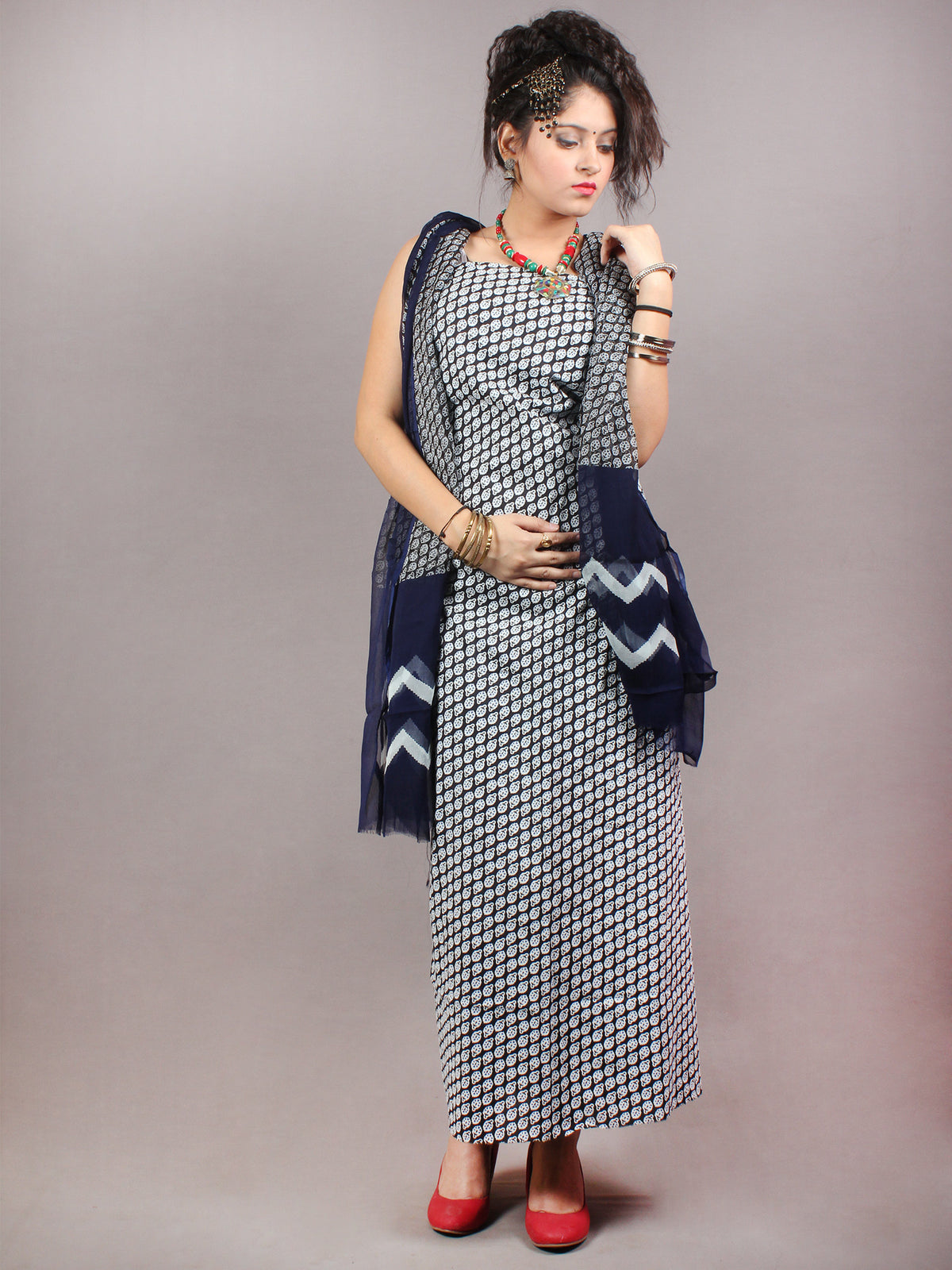 Black White Hand Block Printed Cotton Suit-Salwar Fabric With Chiffon Dupatta - S1628133