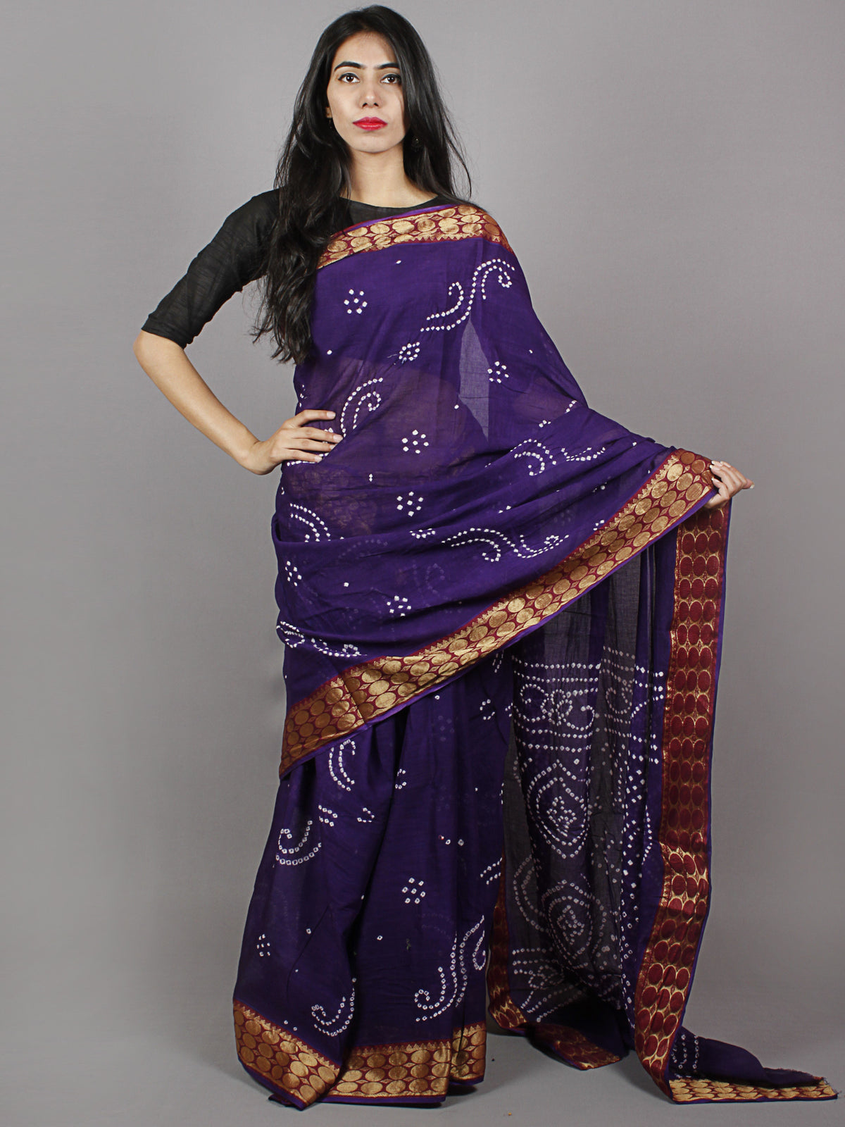 Dark Purple White Hand Tie & Dye Bandhej Cotton Mul Saree With Resham Border - S031701331