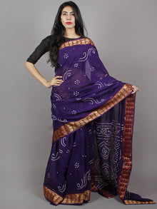 Dark Purple White Hand Tie & Dye Bandhej Cotton Mul Saree With Resham Border - S031701331