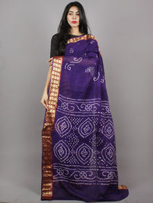 Dark Purple White Hand Tie & Dye Bandhej Cotton Mul Saree With Resham Border - S031701331