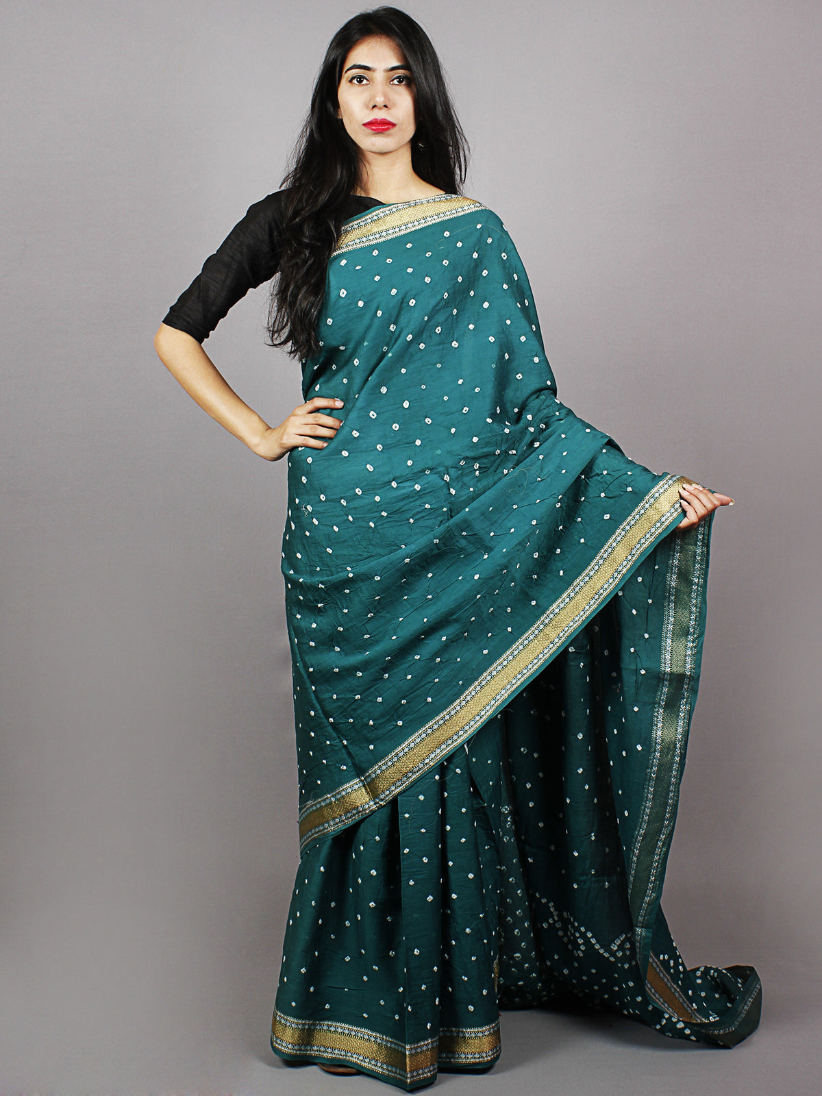 Dark Green Ivory Hand Tie & Dye Bandhej Glace Cotton Saree With Resham Border - S031701332