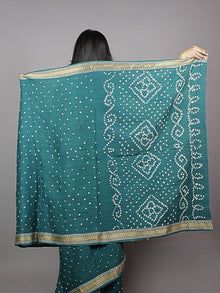 Dark Green Ivory Hand Tie & Dye Bandhej Glace Cotton Saree With Resham Border - S031701332