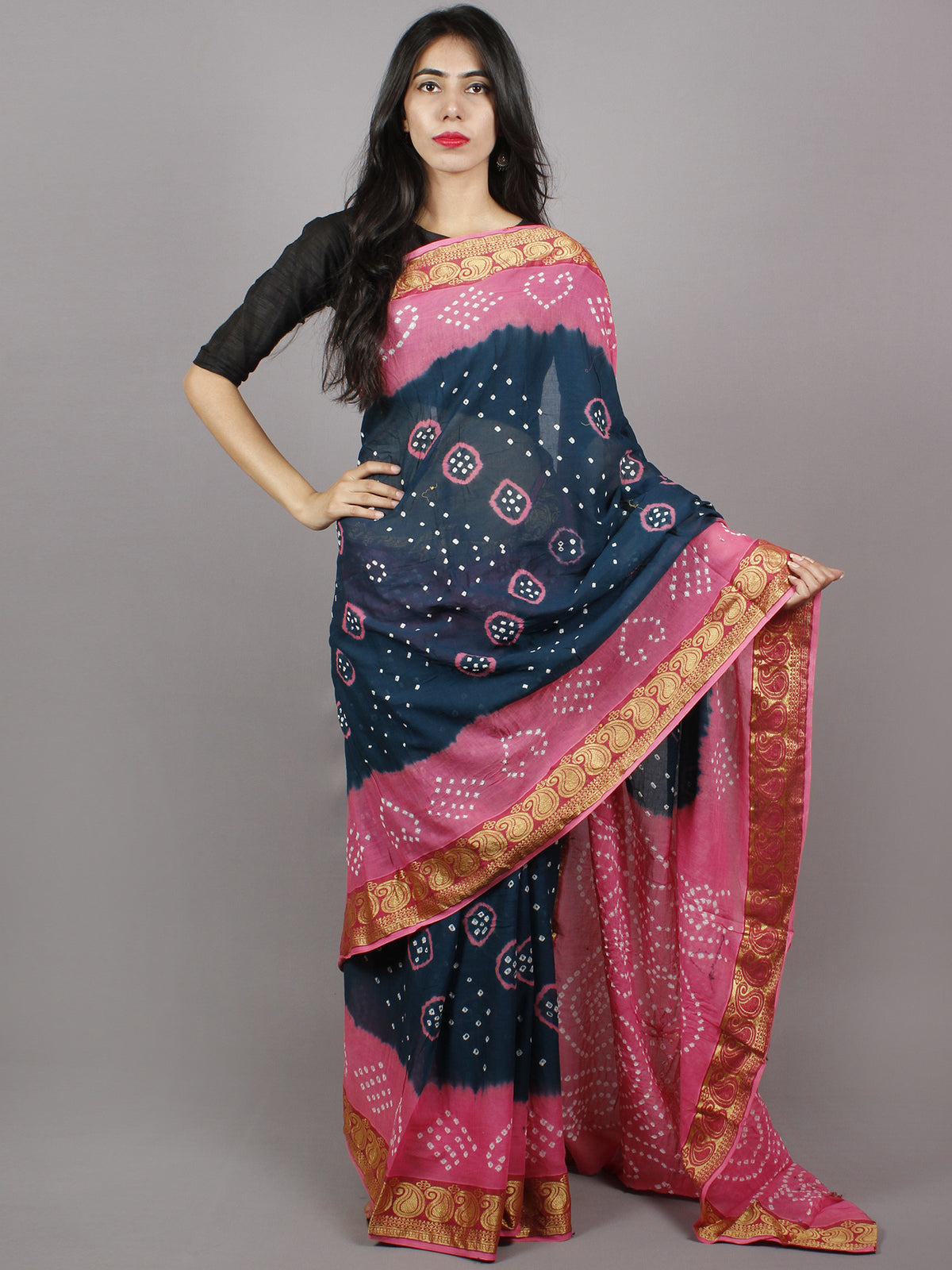 Lead Blue Pink White Hand Tie & Dye Bandhej Cotton Mul Saree With Resham Border - S031701333