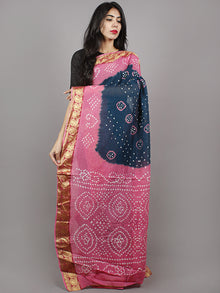 Lead Blue Pink White Hand Tie & Dye Bandhej Cotton Mul Saree With Resham Border - S031701333