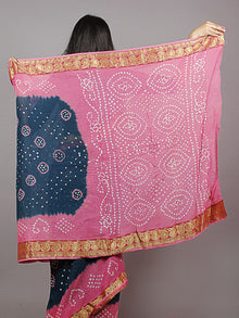 Lead Blue Pink White Hand Tie & Dye Bandhej Cotton Mul Saree With Resham Border - S031701333