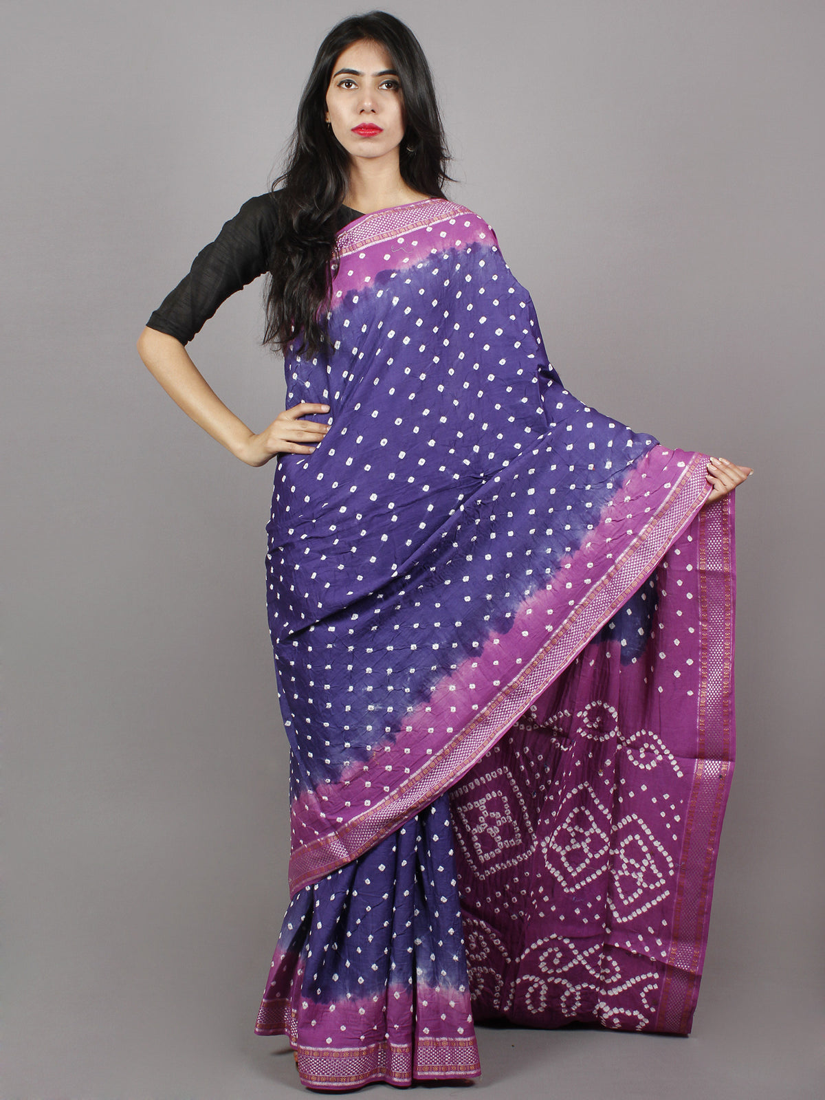 Dark & Light Purple Ivory Hand Tie & Dye Bandhej Glace Cotton Saree With Resham Border - S031701334