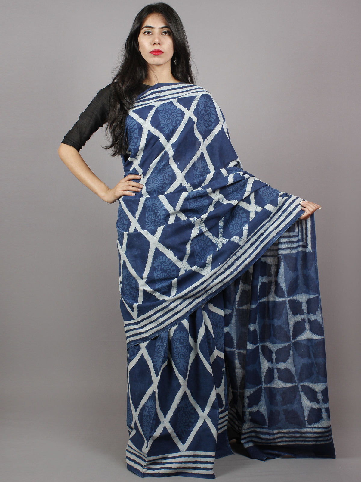 Indigo Blue White Hand Block Printed in Natural Colors Cotton Mul Saree - S031701337