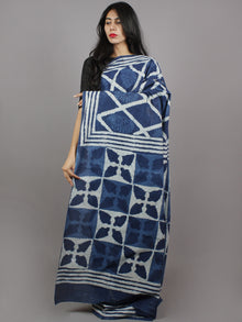 Indigo Blue White Hand Block Printed in Natural Colors Cotton Mul Saree - S031701337