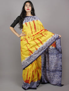 Yellow Red Indigo Ivory Hand Shibori Dyed Cotton Mul Saree  - S031701338