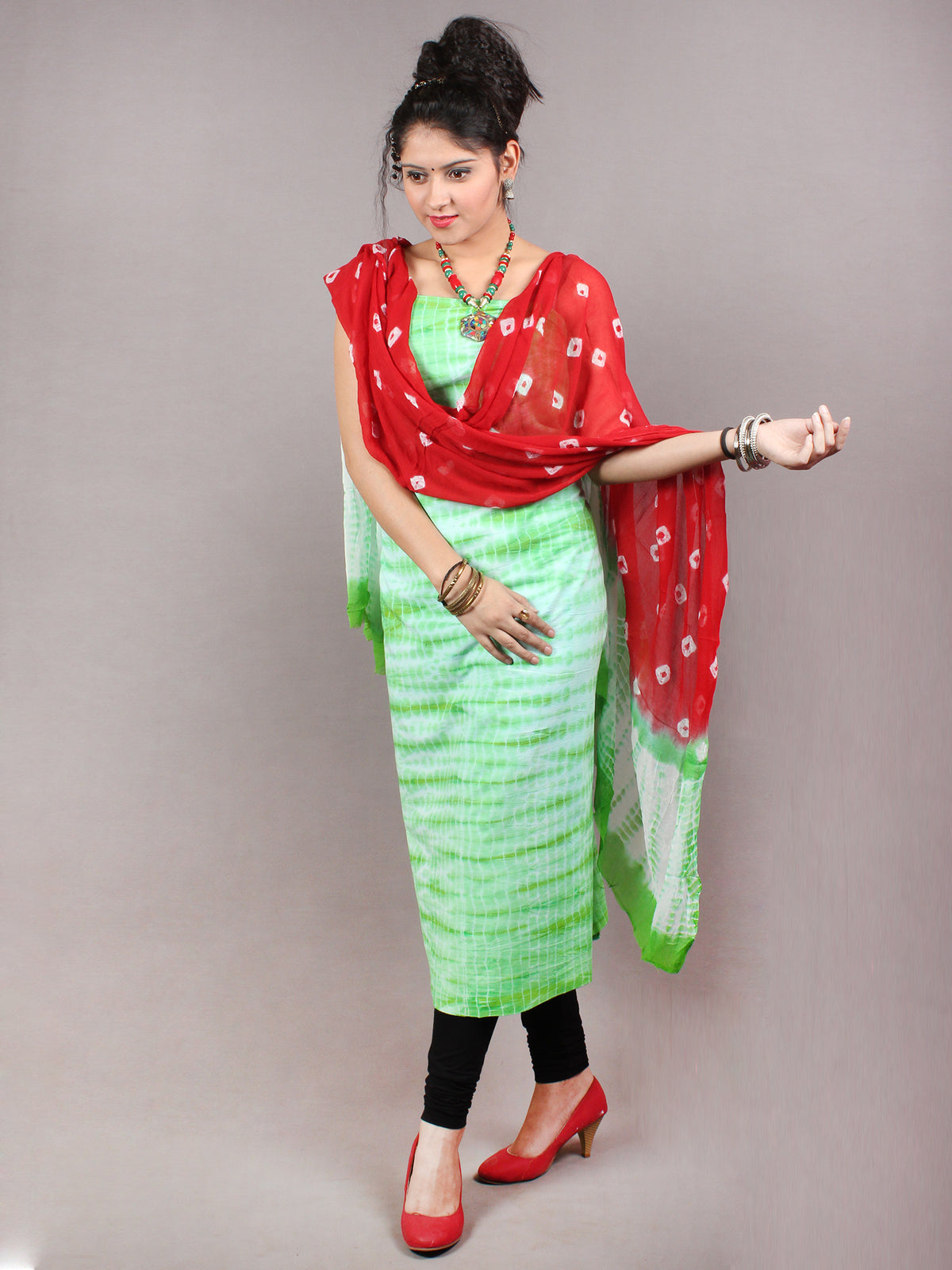 White Green Red Hand Shibori Dyed Cotton Suit-Salwar Fabric With Chiffon Dupatta - S1628134