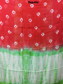 White Green Red Hand Shibori Dyed Cotton Suit-Salwar Fabric With Chiffon Dupatta - S1628134